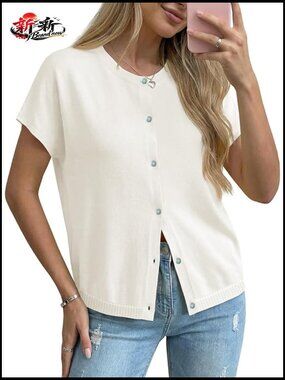 Oversized Short Sleeve Cardigan Lightweight Knit Button Down Crew Neck Casual